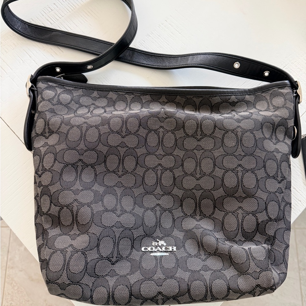 Coach Gray and Black Signature Shoulder Bag